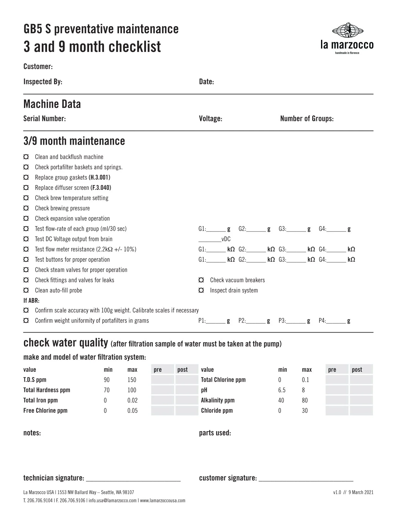 La Marzocco GB5S.3.3 GB5-S 3 Month PM Kit 3GR