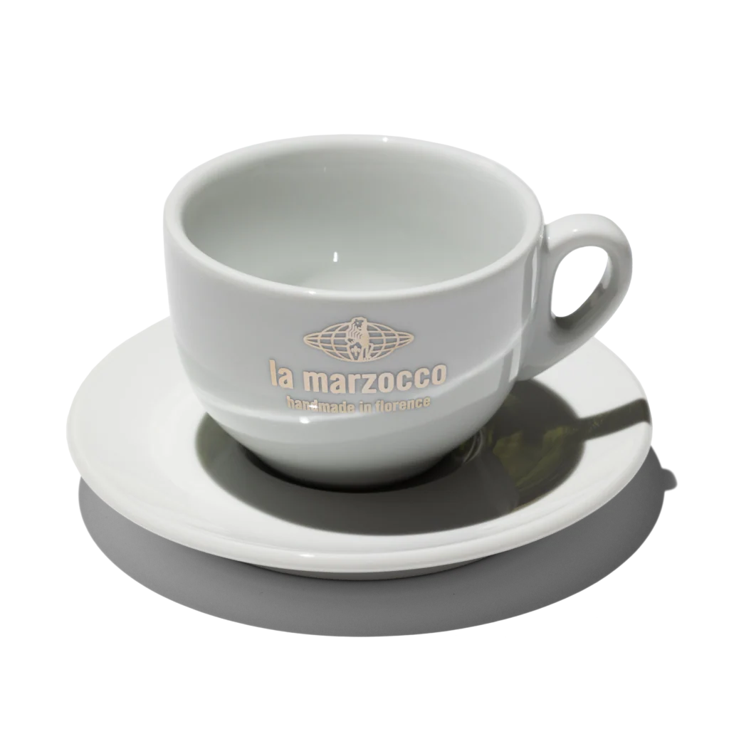 La Marzocco V101 Cappuccino Cup & Saucer, White w/ Silver Logo 6oz