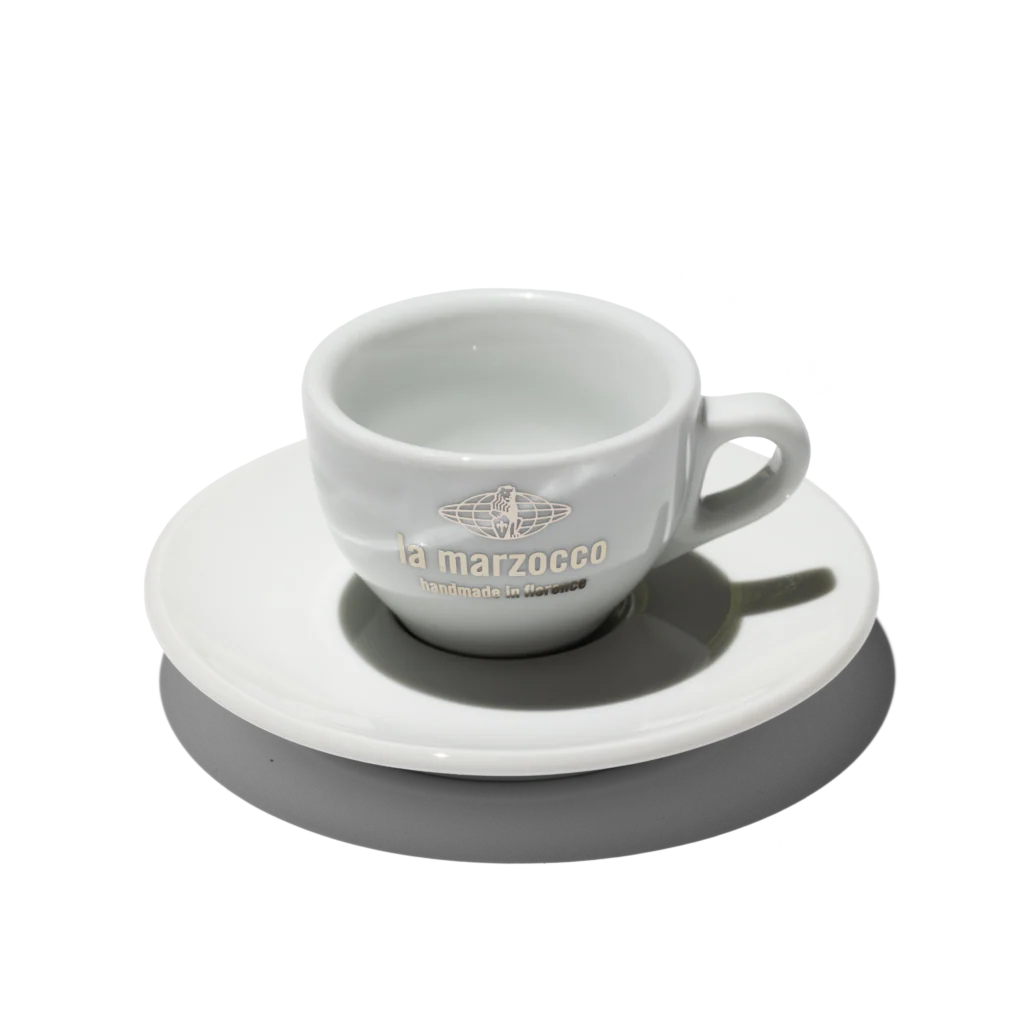 La Marzocco V100 Demitasse Cup & Saucer, White w/ Silver Logo 2oz
