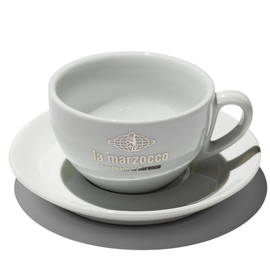 La Marzocco V102 Latte Cup & Saucer, White w/ Silver Logo 9oz