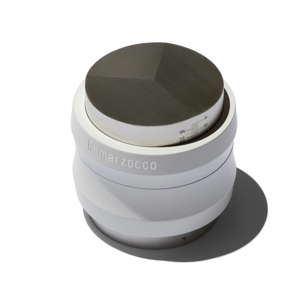 La Marzocco SOLO.WHI Solo Tamper & Distribution Tool, White w/ LaMarzocco Logo